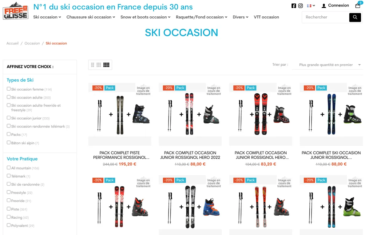 Page de vente des skis d'occasion sur Freeglisse.com